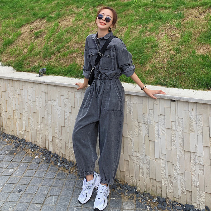 牛仔连体裤女秋装2020新款韩版港风长袖工装连体衣裤子时髦套装潮