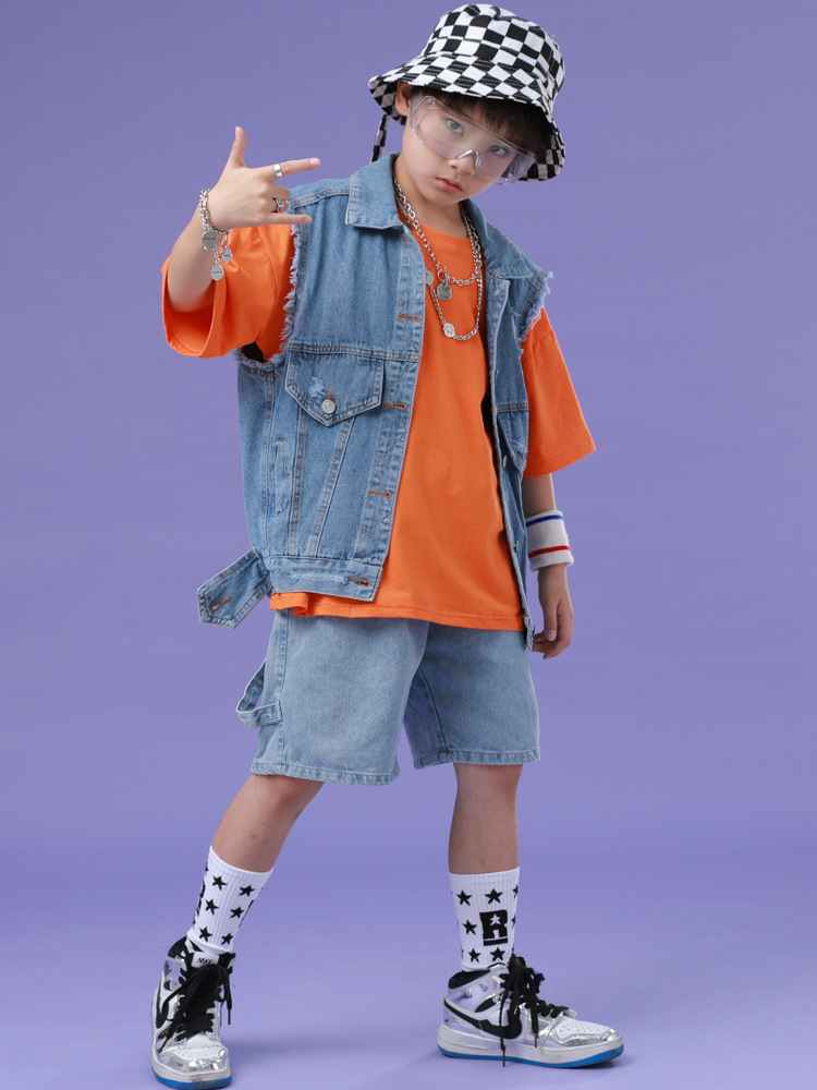 儿童街舞套装男童hiphop帅气牛仔马甲bboy演出服少儿个性走秀潮服