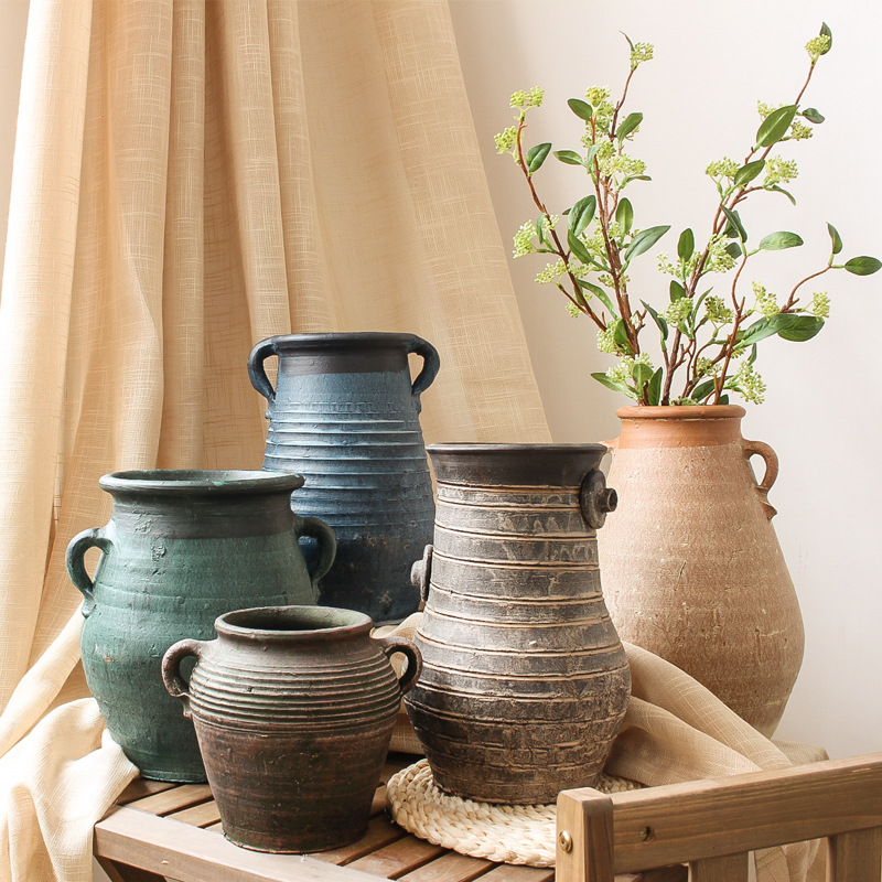 陶罐仿古摆件做旧客厅花器花瓶装饰粗陶摆设复古室内插花坛子手工