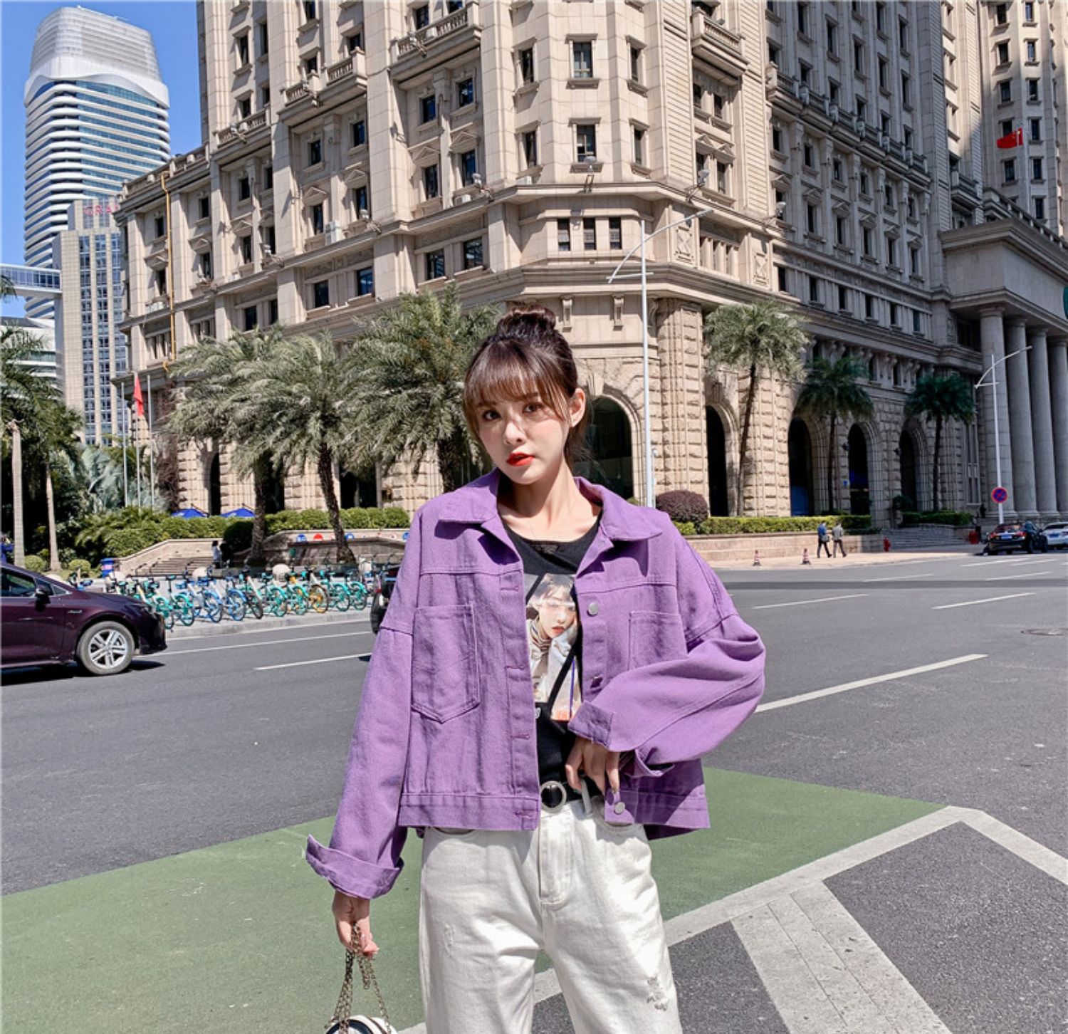 紫色牛仔休闲外套女设计感小众春装2020新款春秋韩版宽松短款上衣