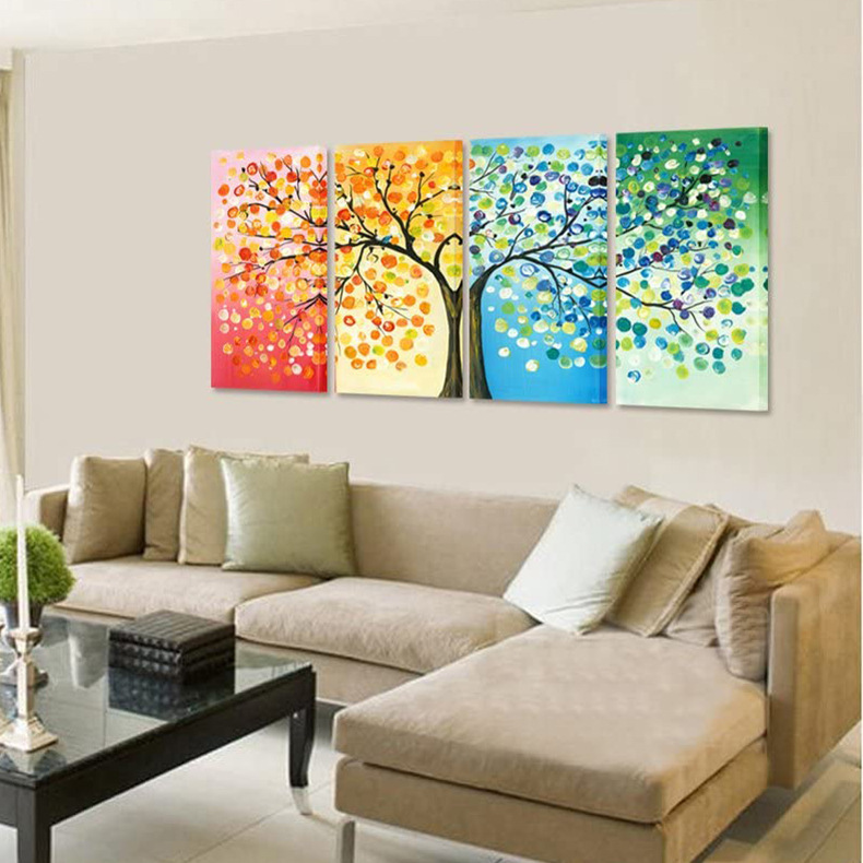 亚马逊热销四季幸运树装饰画 4拼抽象高清微喷餐厅卧室客厅帆布画
