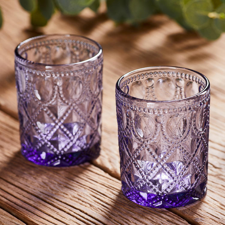 欧式浮雕玻璃杯古典复古花纹水杯威士忌杯彩色饮料杯喝水杯灌蜡杯