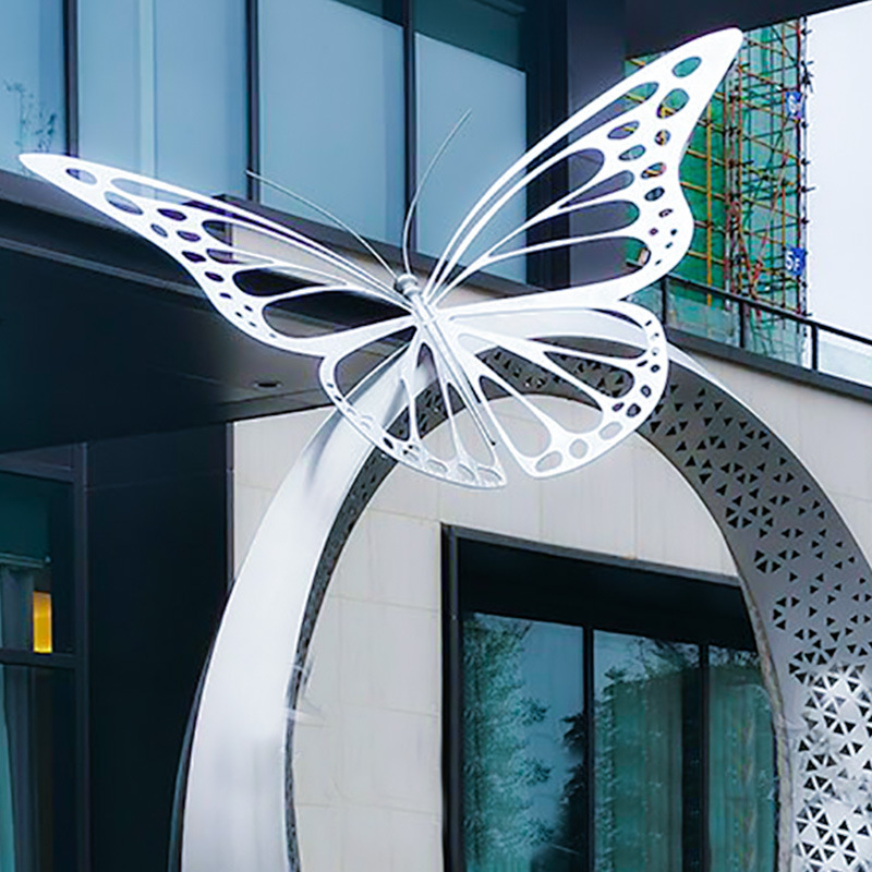 不锈钢抽象蝴蝶雕塑大型户外水景景观校园售楼不锈钢圆环喷水雕塑