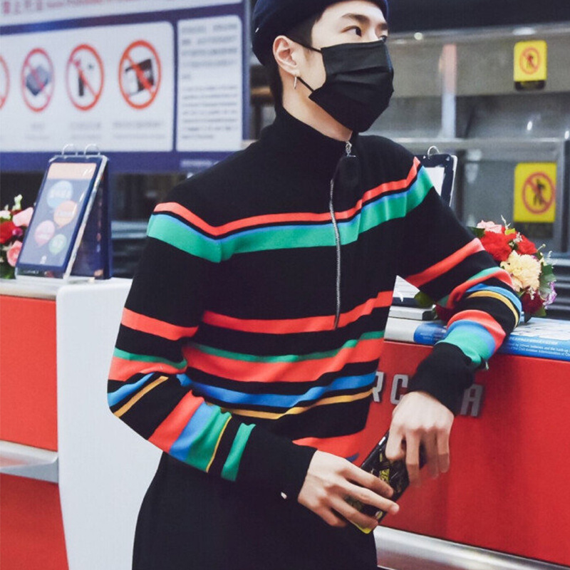 王一博机场条纹高领拉链毛衣针织衫