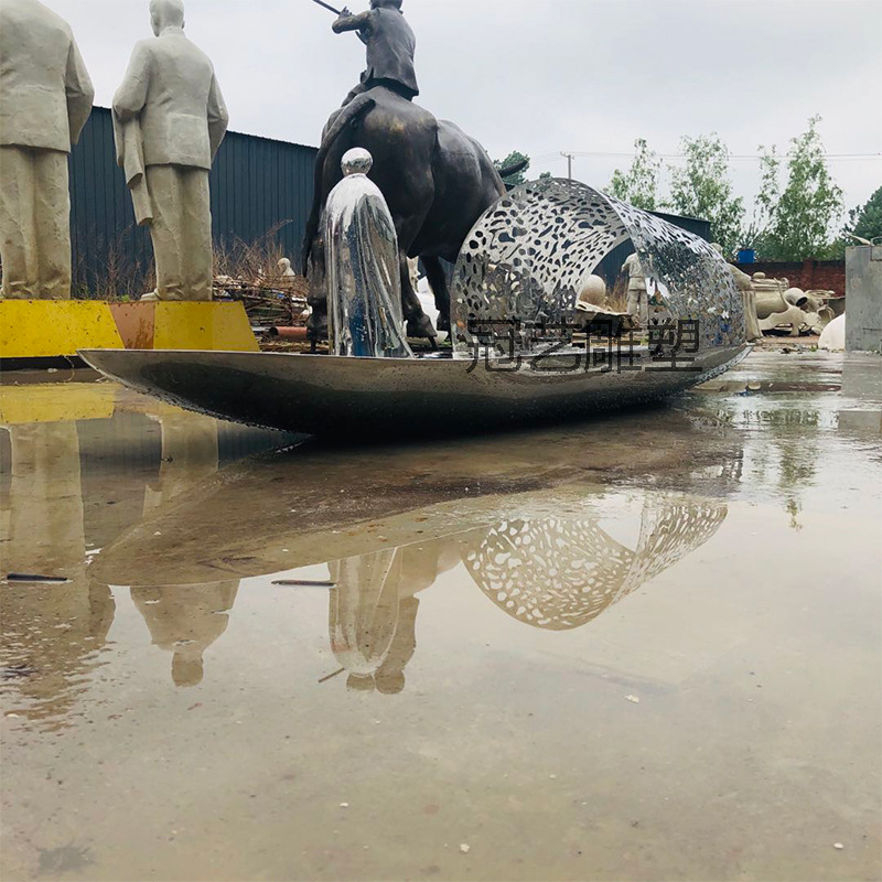 不锈钢船雕塑镜面镂空水景景观雕塑地产别墅落地装饰摆件厂家制作