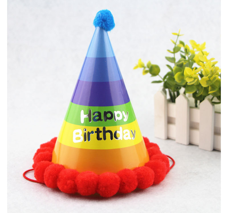 儿童生日派对尖尖帽 毛球尖角帽 圆点绒球纸质party帽子批发
