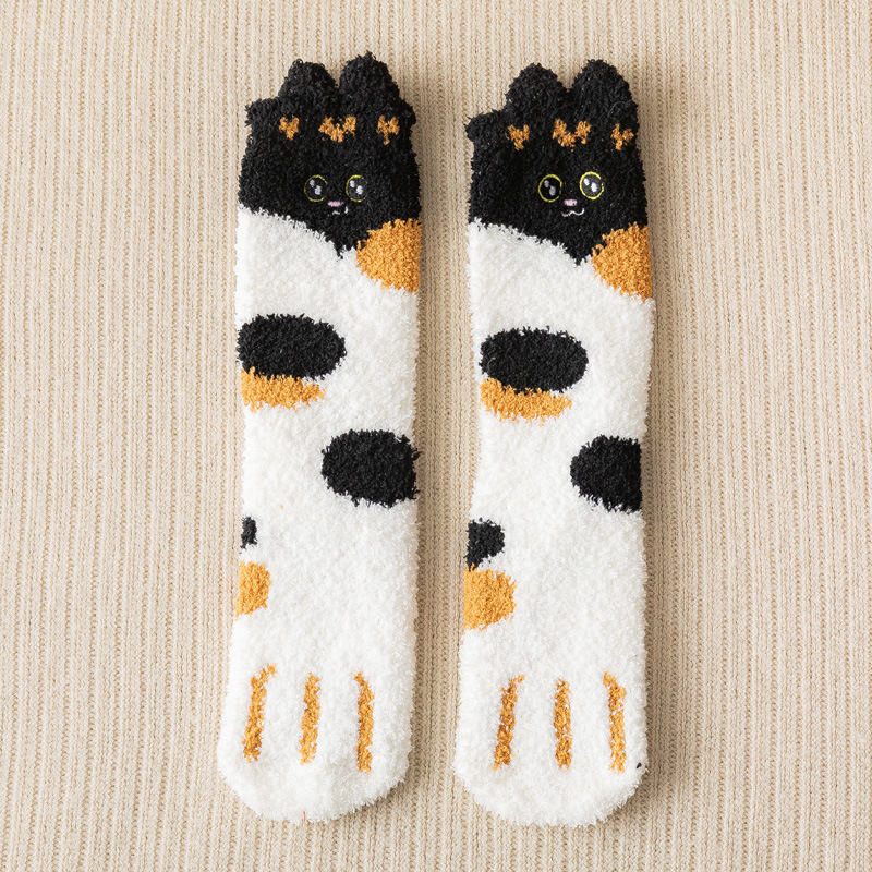 Autumn and Winter Korean Style All-Match Ear Embroidery Cat's Paw Coral Fleece Home Sleeping Socks Half Velvet Socks