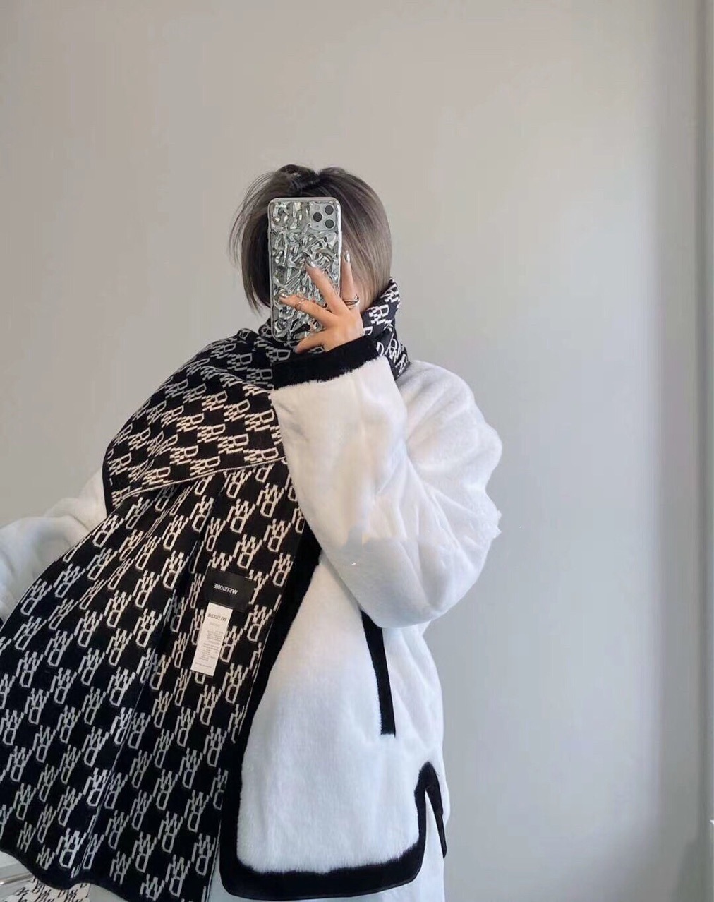 we11done冬季经典黑白披肩围脖提花老花logo双面保暖羊毛围巾潮