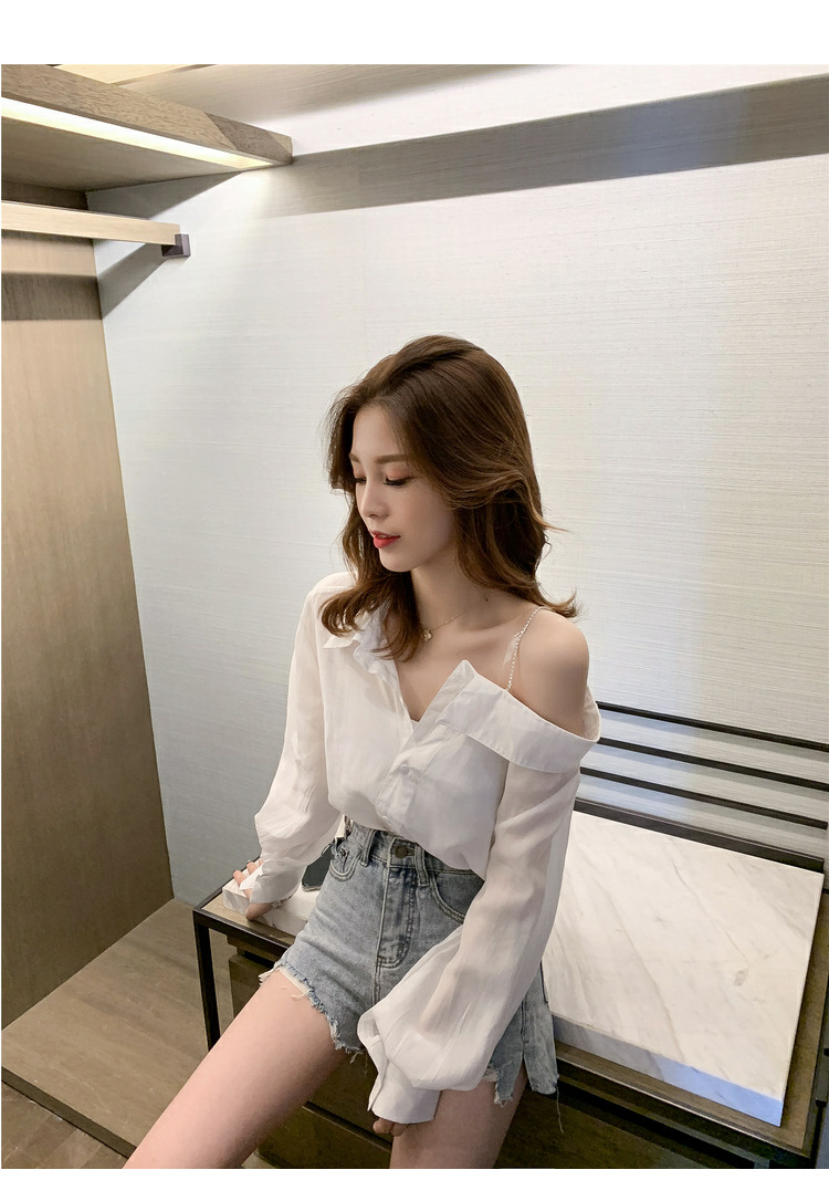 一件铺货女装2020春款新款韩版吊带露肩薄衬衫性感白色上衣女神