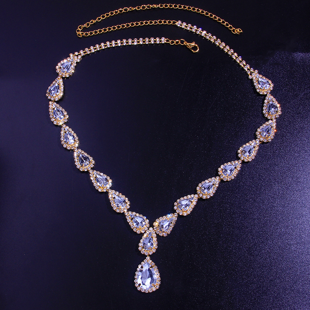 新款蓝色水滴水钻项链 ins人气镶钻宝石项链欧美奢华项饰necklace