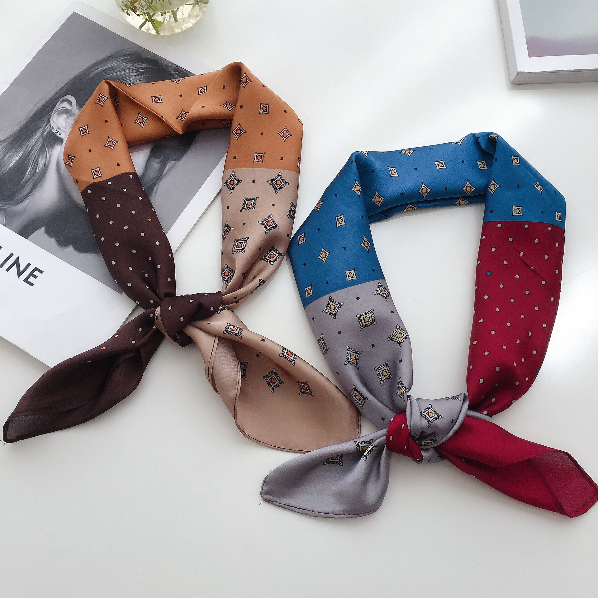 70真丝小方巾印花小丝巾女空姐职业装饰小领巾百搭拼色头巾韩版薄