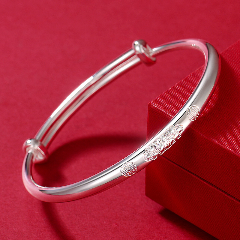 999纯银福字手镯女 妈妈款光面实心足银镯子母亲节送奶奶长辈礼物