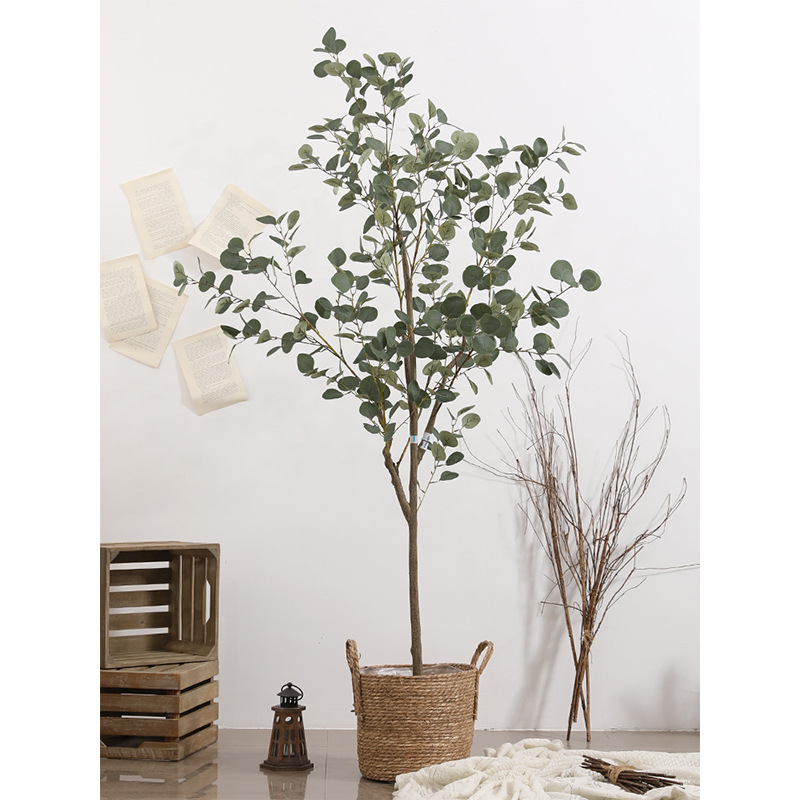 European-Style Large Artificial Plant Pot Eucalyptus Tree Indoor TV Cabinet next to Floor-Standing Decorations Bonsai Money Leaf Tree