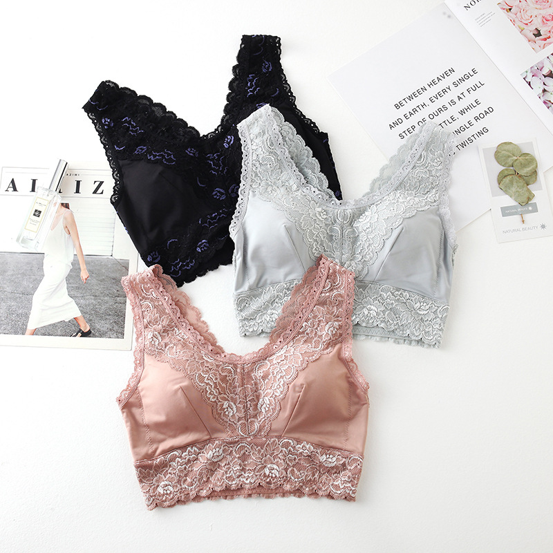 真丝内衣女士无钢圈文胸桑蚕丝背心式胸罩夏季透气蕾丝边运动胸衣