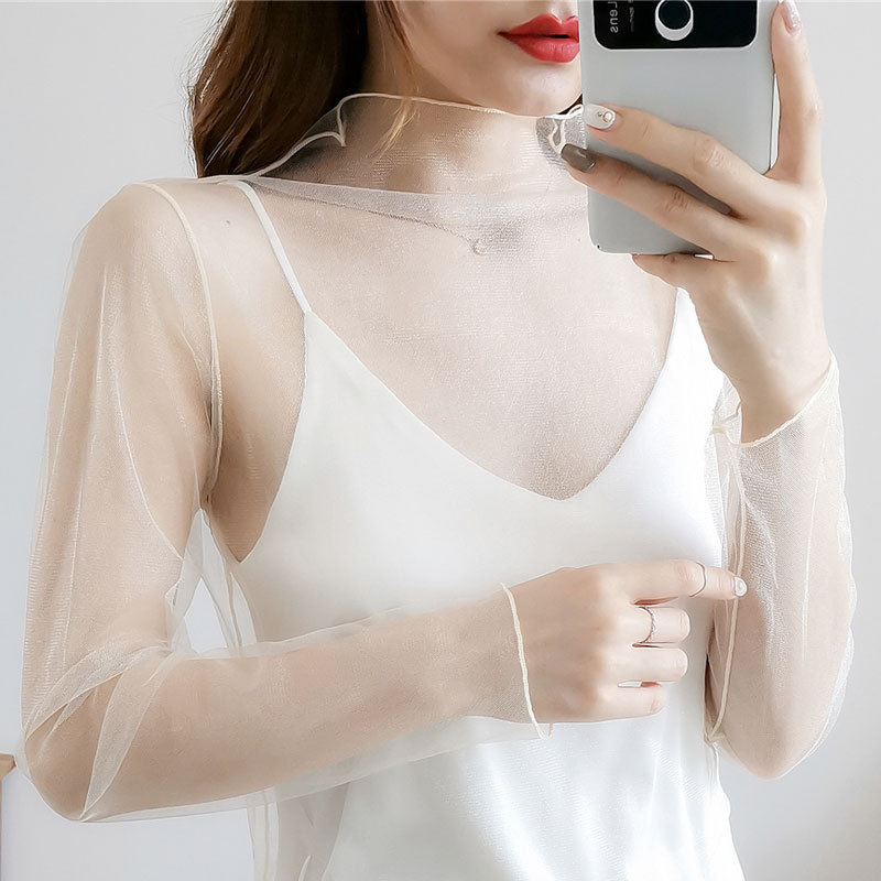 网纱上衣透明打底衫薄纱性感透视修身内搭蕾丝内衬超薄春秋长袖女