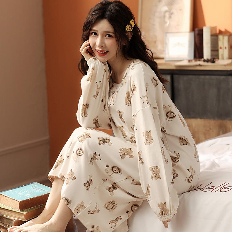 进出口韩版睡裙女春秋季长袖学生中长款女甜美可爱少女连体裙睡衣