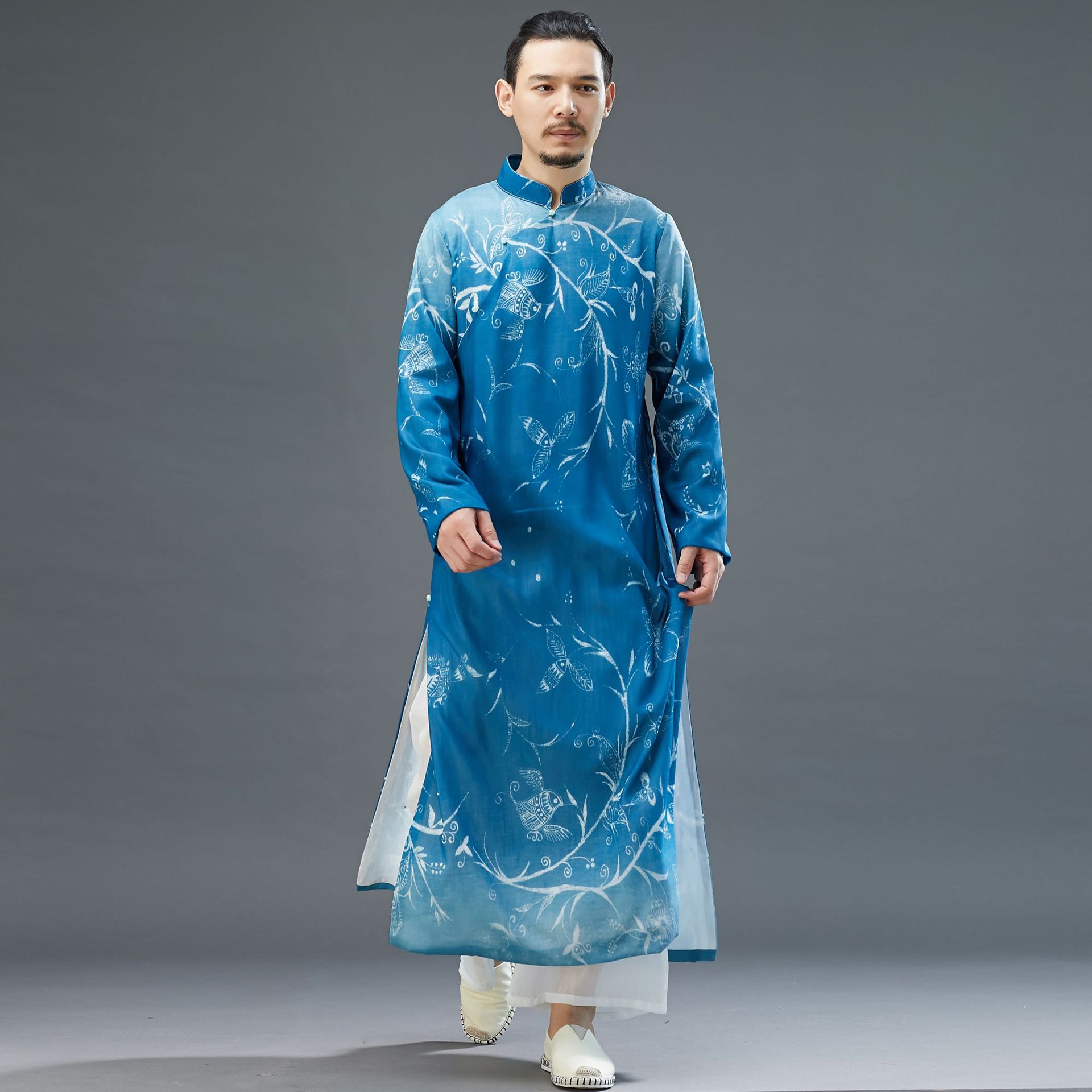 2022新品蓝染长袍印染中国风男式改良汉服蓝色立领长袖长衫