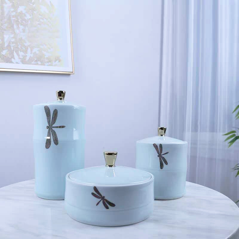 新中式创意陶瓷盖罐摆件售楼处样板房客厅玄关茶室陶瓷花瓶软装