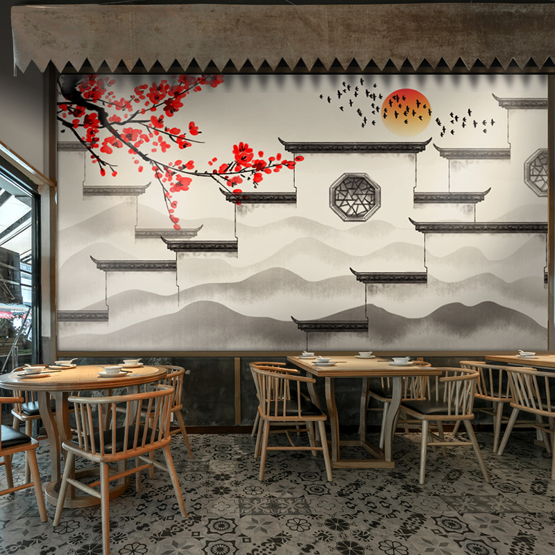 徽派壁画壁纸马头墙江南水乡壁纸火锅店餐厅饭店装修背景墙3d壁画
