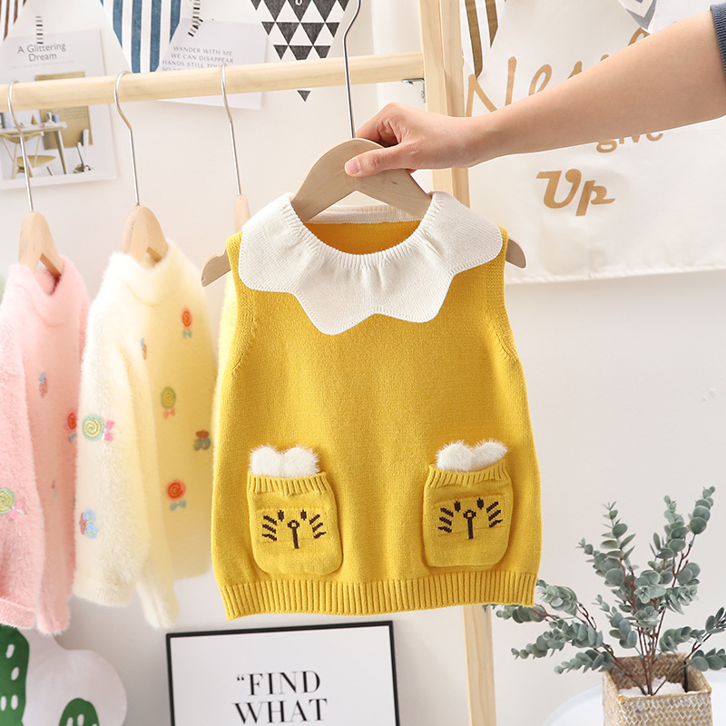 婴幼儿童针织马甲春秋2020新款男童女童宝宝口袋小猫韩版毛衣背心