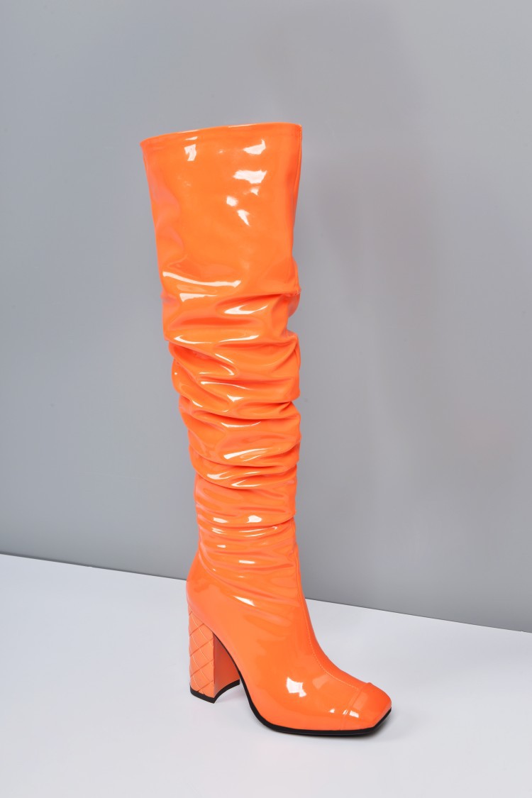 外贸新款时尚秋冬粗跟橘色过膝长靴褶皱靴方头漆皮大码女鞋42码