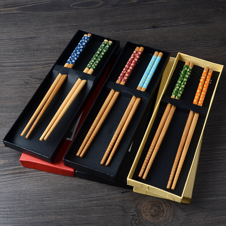 两双礼品盒装筷 情侣筷装 无漆无蜡竹筷子 中式竹木印花筷子 公筷