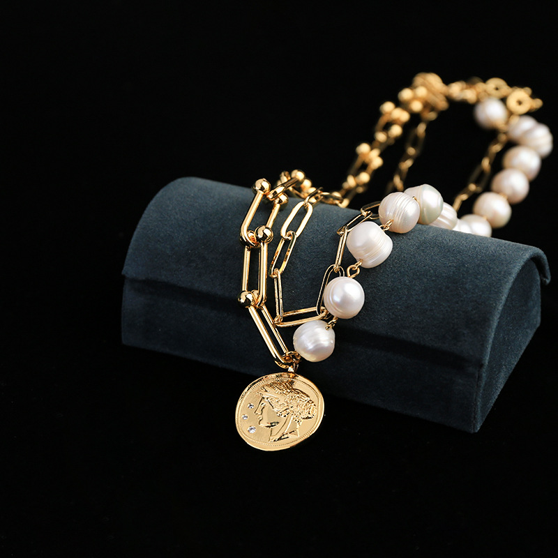 朋克风双层重金属链巴洛克珍珠项链头像吊坠长耳坠耳钉套装7253a