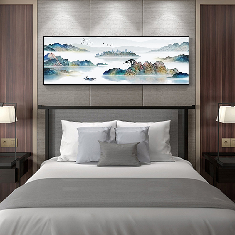 酒店客房挂画晶瓷画水墨山水画新中式装饰画抽象床头画卧室墙壁画