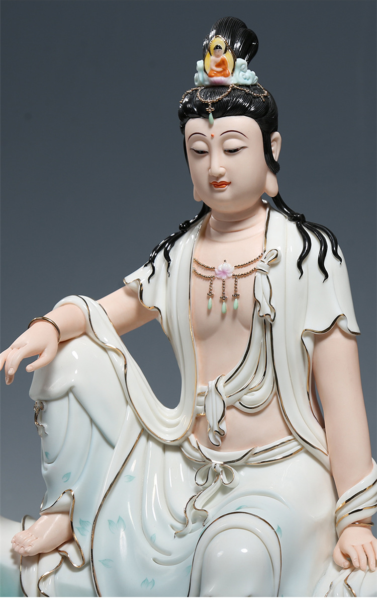 【上美】陶瓷收藏品19吋水月观音彩绘佛像工艺摆设艺术品禅意摆件