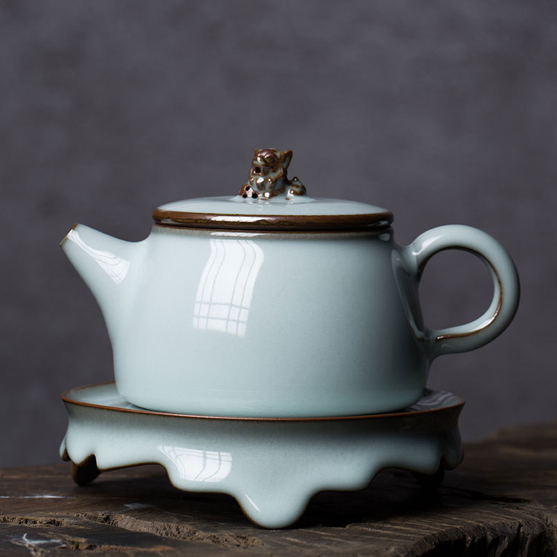 王利军汝窑手工茶壶 龙泉青瓷功夫茶具陶瓷泡茶壶中式壶承 收藏版