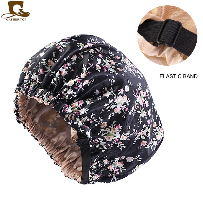 亚马逊优质货源色丁印花双层睡帽 隐形扁调节扣浴帽 美容美发帽子