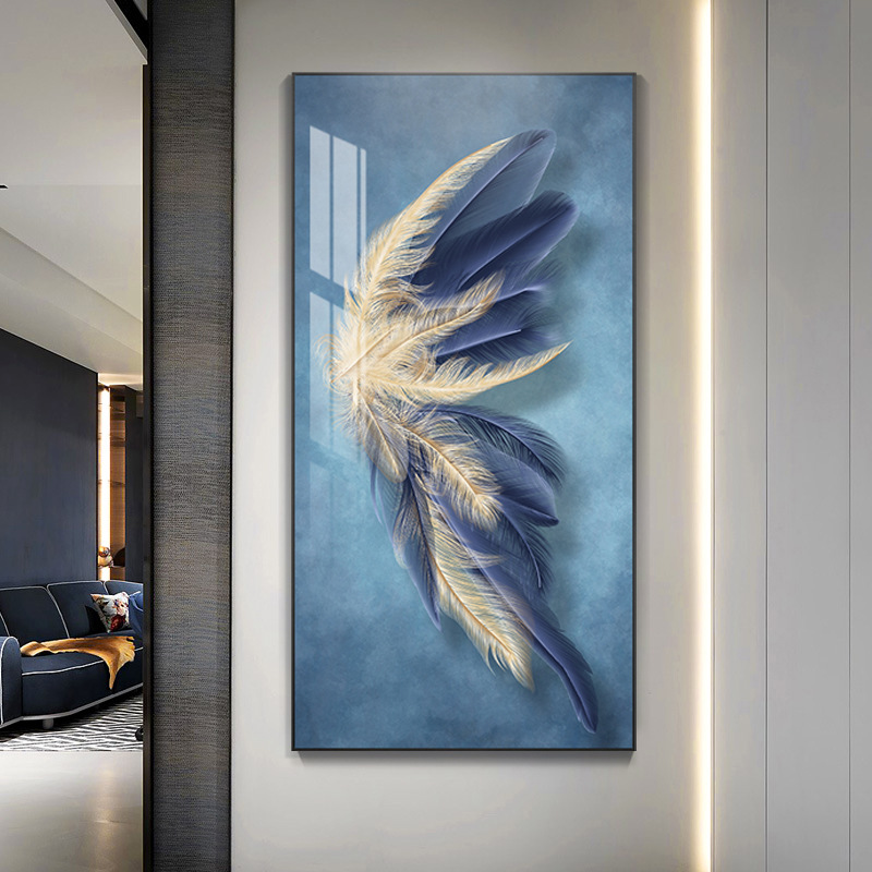 入户玄关装饰画现代简约走廊过道竖版羽毛壁画入门北欧轻奢晶瓷画