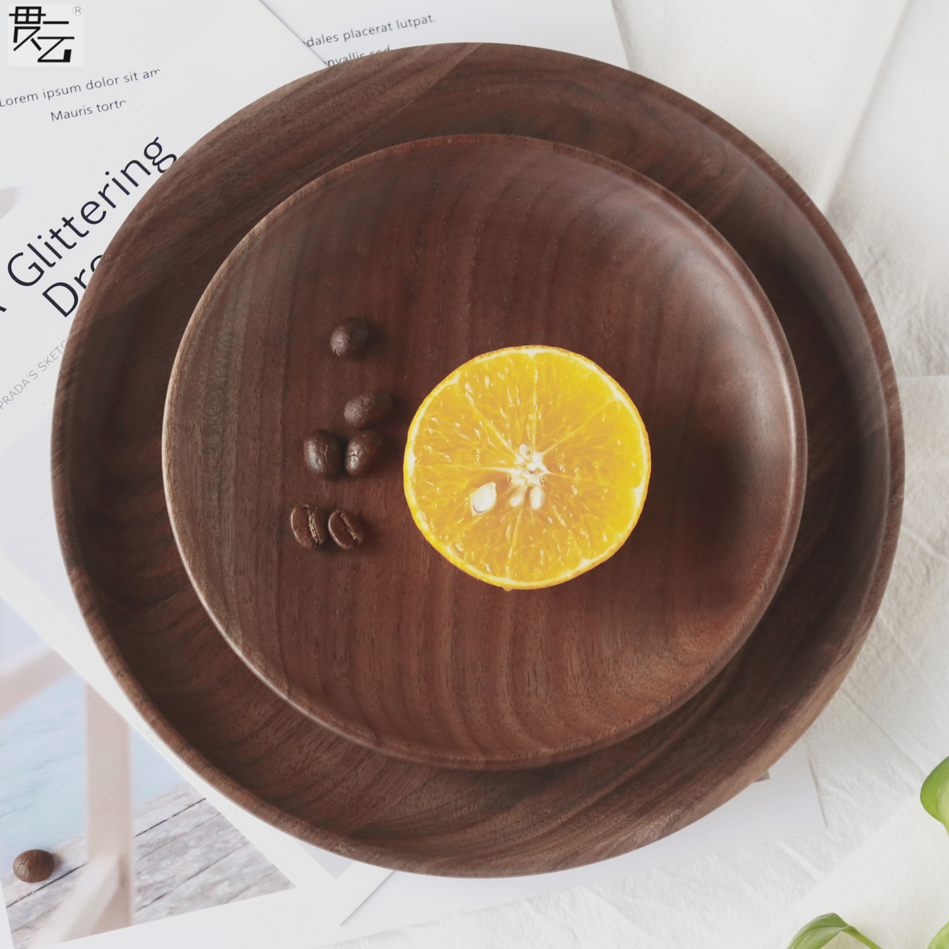 黑胡桃木家用圆盘 餐厅实木喝茶干果盘子 木质小吃零食咖啡圆碟