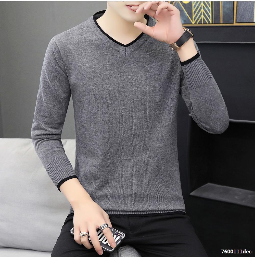 男士针织t恤纯毛衣打底v纯鸡心领长袖男衣服衫棉毛衫套头黑色上领