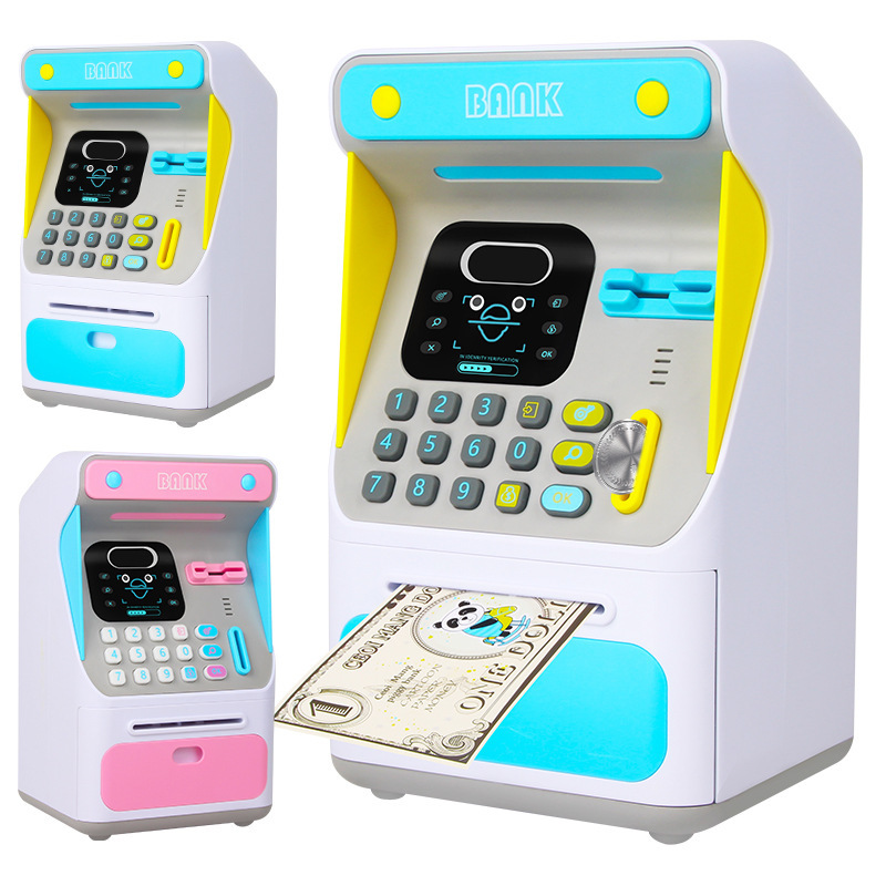 Simulation Face Recognition ATM Machine Money Box Simulation Password Automatic Money Rolling Safe Box Coin Bank Educational Toys