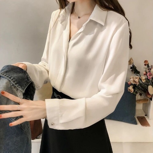 Autumn New Korean Style Temperament Pure Color Shirt Women's Long-Sleeved Shirt Simple Ol Chiffon Shirt Bottoms