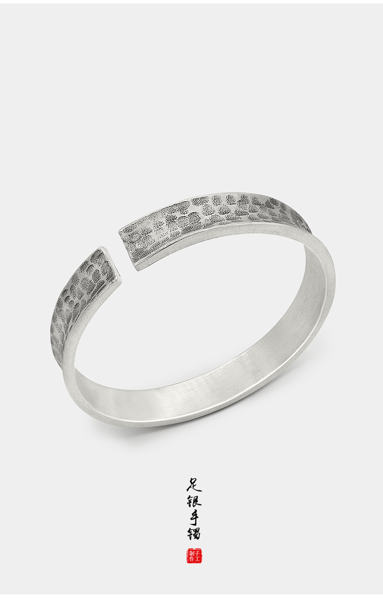 s999银手镯男女复古简约自然手工石纹锤印银镯子足银手镯批发