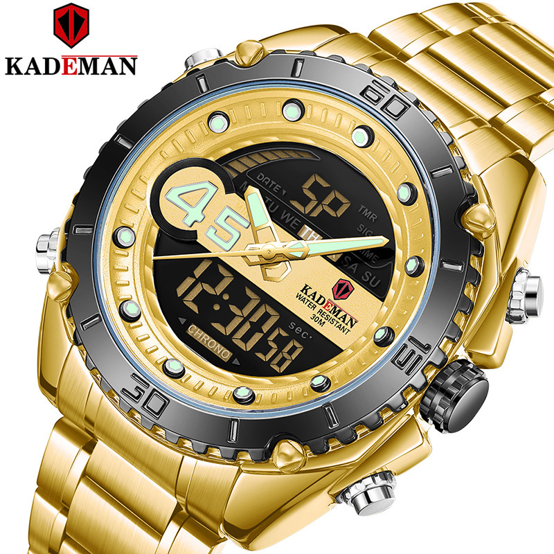 kademan卡德曼男士大表盘lcd夜光电子运动防水钢带休闲手表k9054