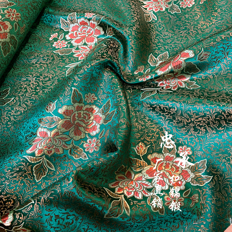 墨绿牡丹花图案丝绸提花织锦缎旗袍唐装汉服古装戏剧道具面料布艺