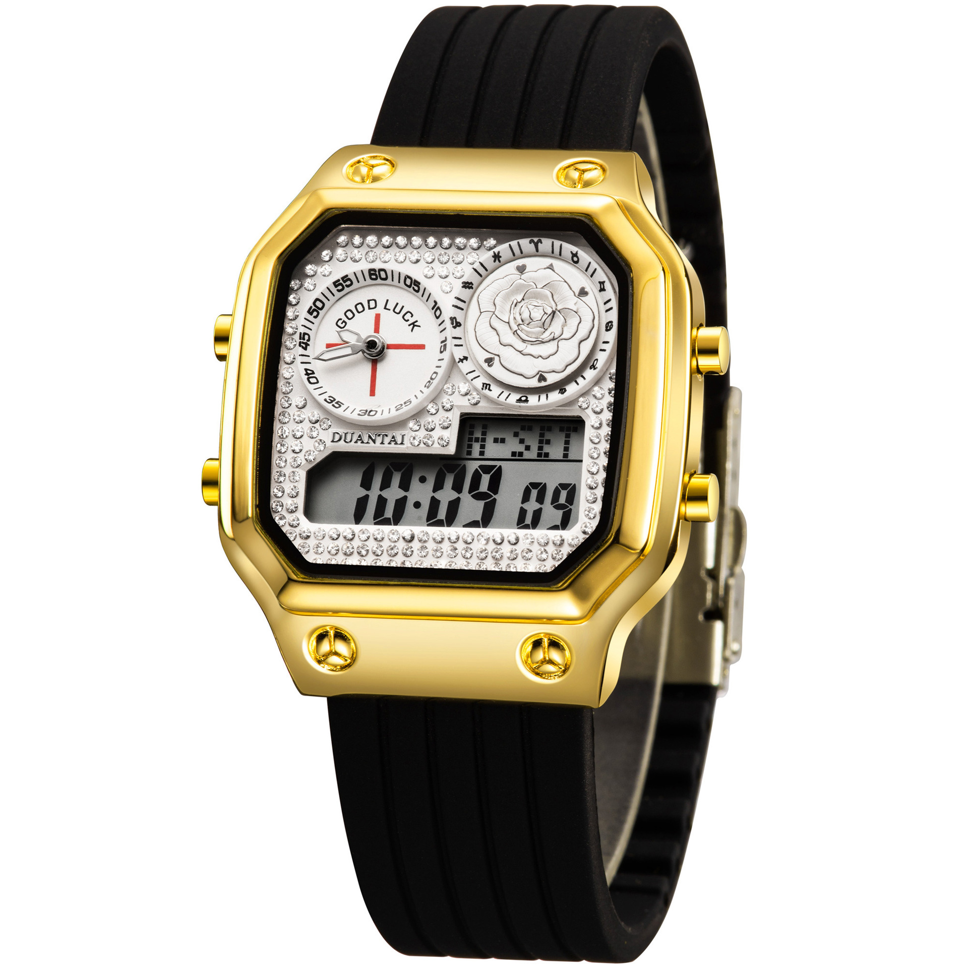 硅胶表带双机芯镶钻表盘女款玫瑰手表多功能夜光个性外贸手表防水