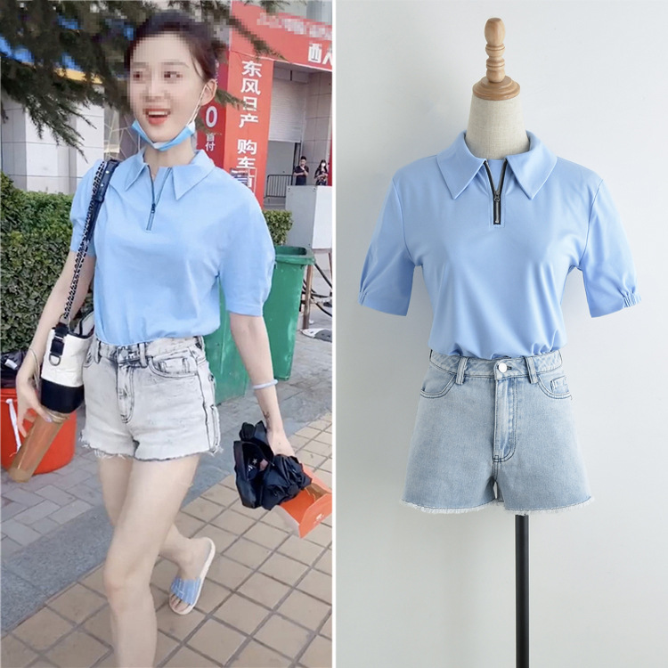 新女潮夏抖音网红奇芮学姐同款休闲街拍浅蓝色polo衫t恤上衣