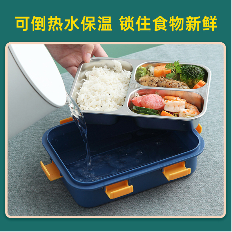 Square Four-Button Stainless Steel Three-Grid Lunch Box Japanese-Style Simple Grid Plate Student Bento Box Factory Wholesale