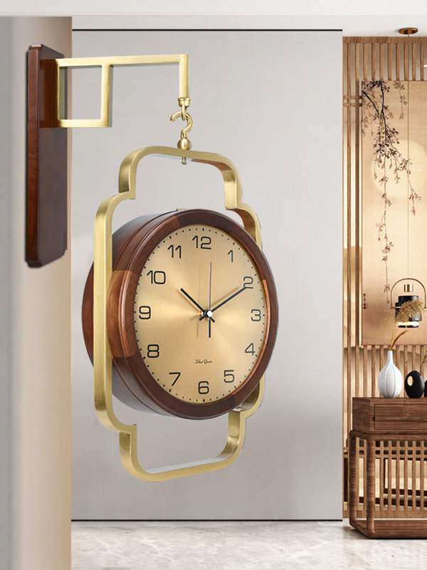 挂钟客厅新中式轻奢实木双面钟黄铜装饰机芯简约时尚挂表钟表