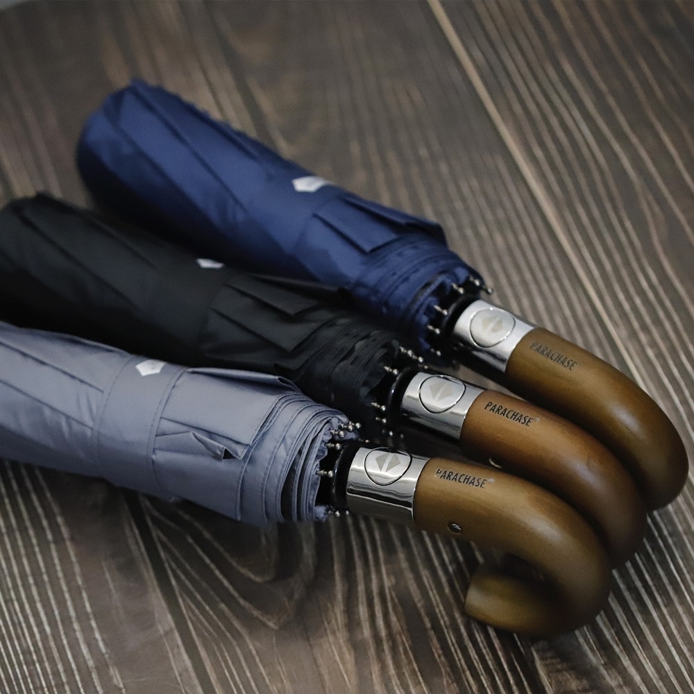 parachase全自动雨伞十骨弯柄三折叠黑胶遮阳防晒太阳伞晴雨两用