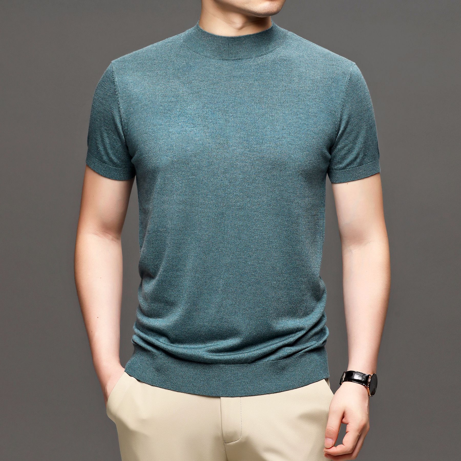 2020秋冬新款短袖半高领羊毛打底衫男士纯色内搭毛衣半袖针织衫潮