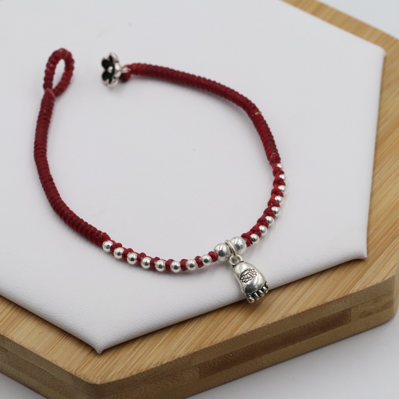 s925纯银莲花脚丫吊坠脚链 女手工编织绳复古知足常乐银珠脚环