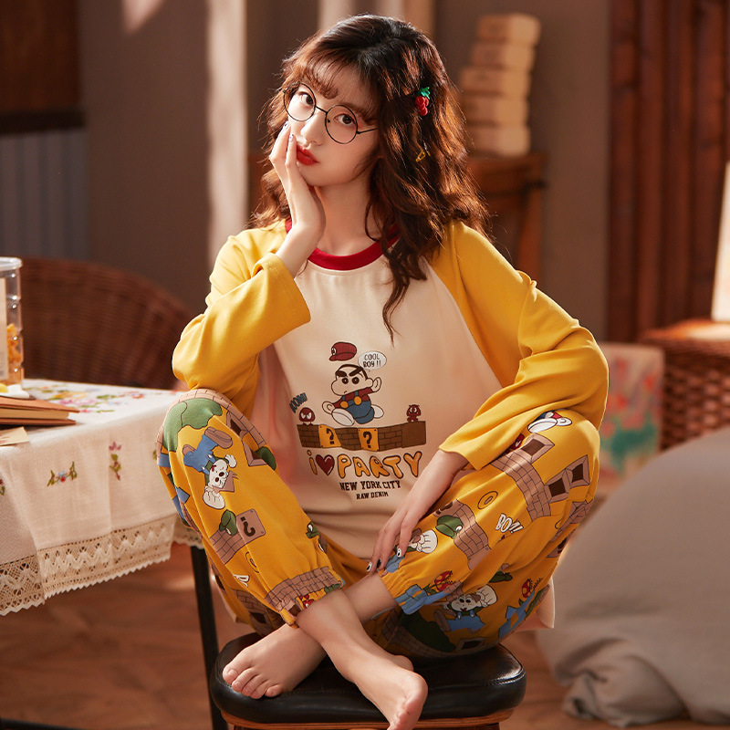 睡衣女夏春秋纯棉长袖大码可爱日系日式pajamas家居服出门休闲