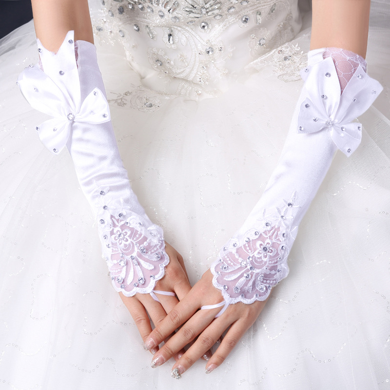 Bridal Gloves Wedding Dress Hook Finger Small Flower Bowknot Crystal Mid-Length Satin Embroidery Fingerless Small Flower Lace Hollow out Oversleeves