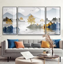 新中式现代简约画客厅装饰画轻奢沙发背景墙三联挂画招财山水壁画