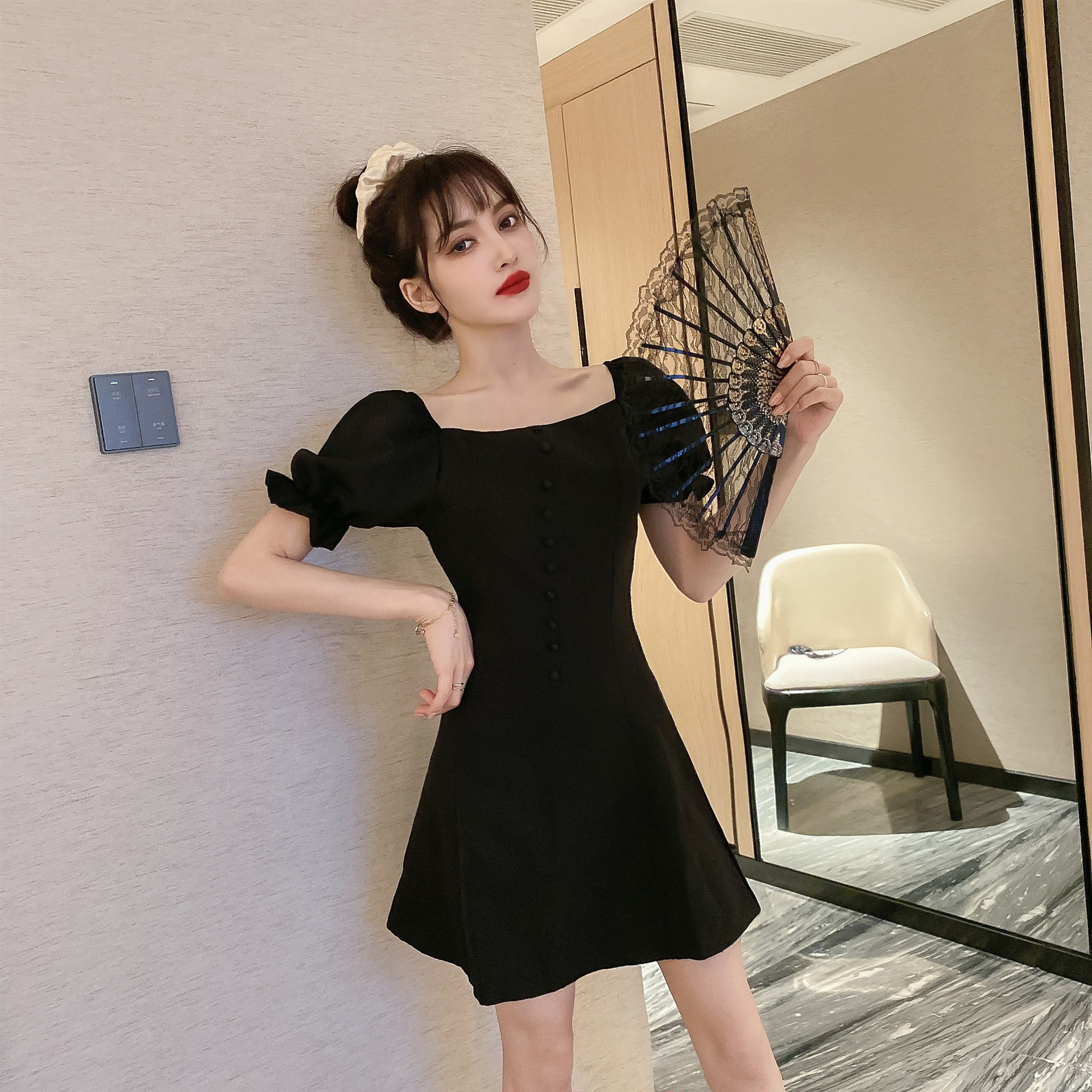 299464女装夜店性感一字领低胸露肩修身a字裙打底短裙短袖连衣裙